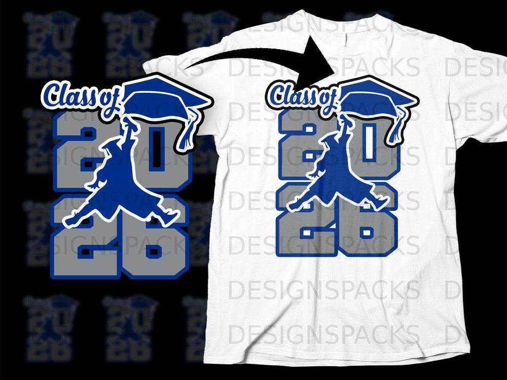Blue and gray "Class of 2026" graphic with grad cap and silhouette on white t-shirt.