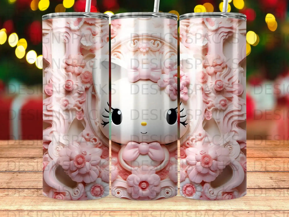 Pink 3D cartoon cat tumbler with floral accents.