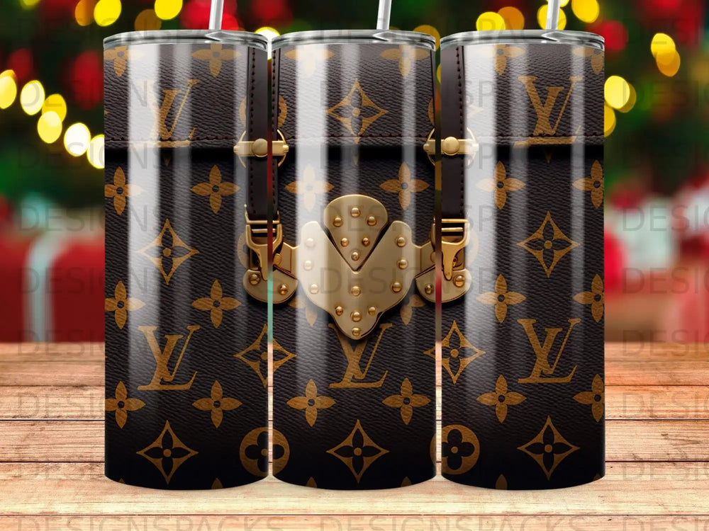 Tumbling LV monogram pattern with gold hardware detail on a tumbler.