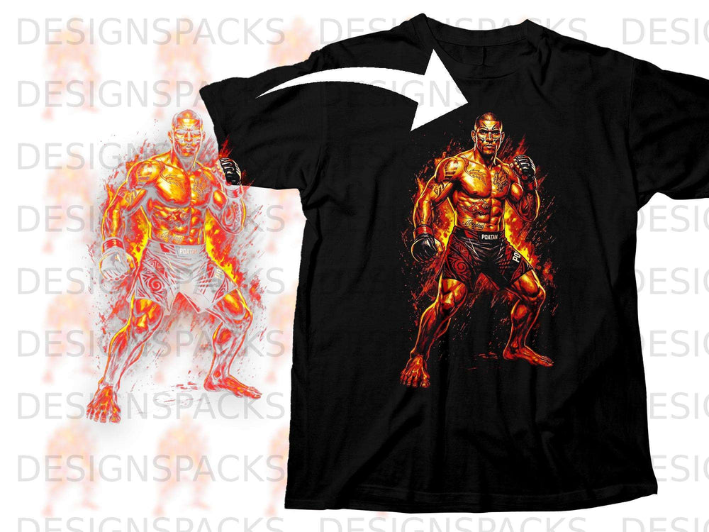 Black t-shirt with fiery MMA fighter graphic and "POATAN" text.