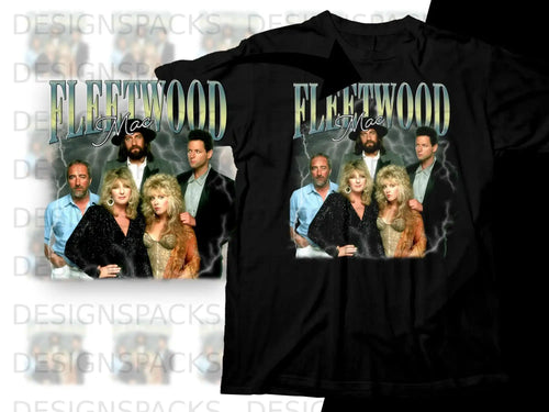 Fleetwood Mac band members pose for a promotional photograph on a black t-shirt.