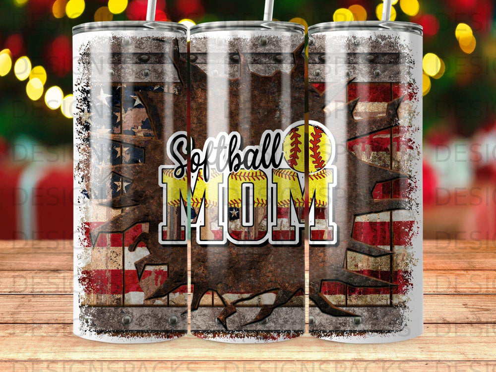 Softball Mom text on a distressed American flag background.
