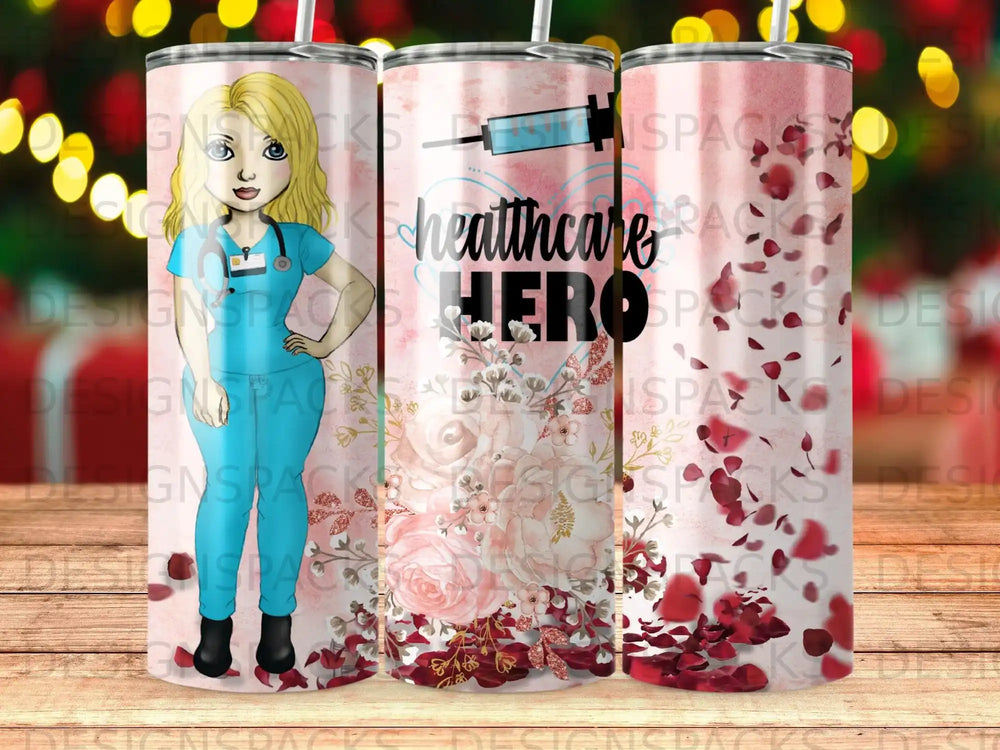 Healthcare Hero tumbler with medical symbols and floral accents.
