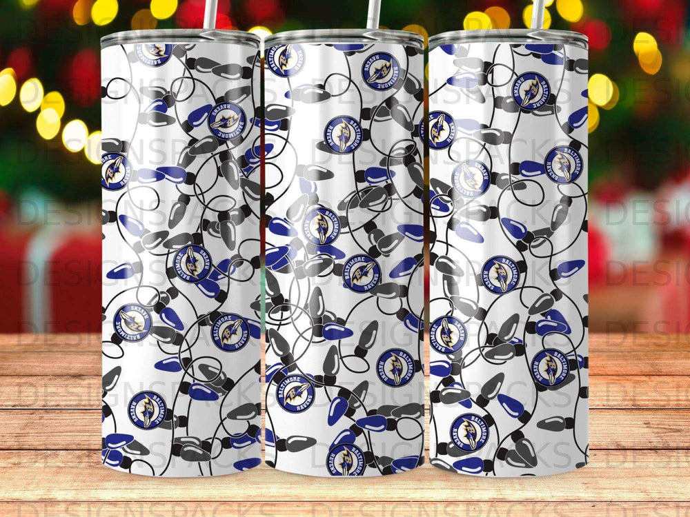 Baltimore Ravens logo on a pattern of blue and white Christmas lights.