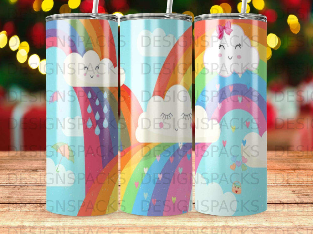 Rainbow and cloud pattern on three tumblers, with "DESIGNSPACKS" watermark.
