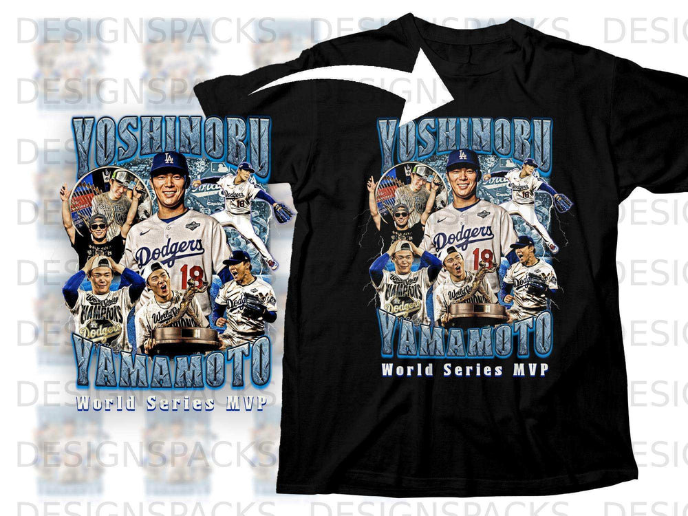 Black t-shirt featuring Yoshinobu Yamamoto with "World Series MVP" text.