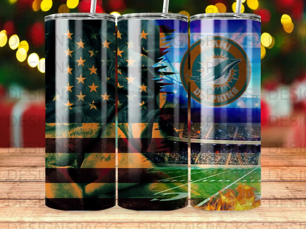 Miami Dolphins flag and football field design on a tumbler.