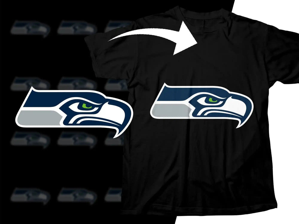 Seattle Seahawks logo printed on black t-shirt, ideal for DTF/DTG designs and fan apparel.