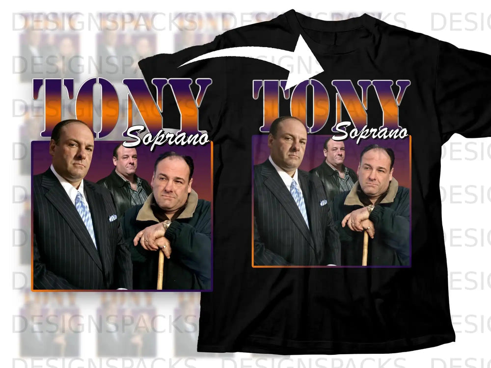 T-shirt with Tony Soprano art and "Soprano" text.