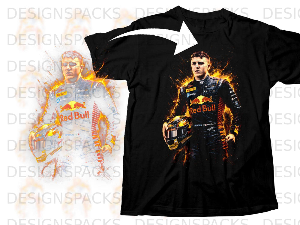 Black t-shirt with a graphic of a racing driver surrounded by flames.