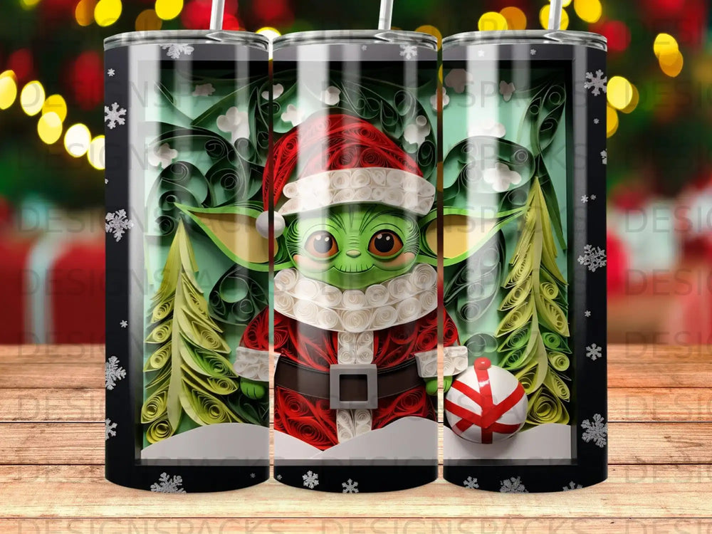 Grogu in Santa costume with ornaments and paper trees.