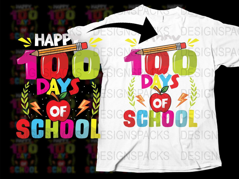 100 Days of School T-Shirt Celebration, Colorful Kids Teacher Tee, Graphic Pencil and Apple Design