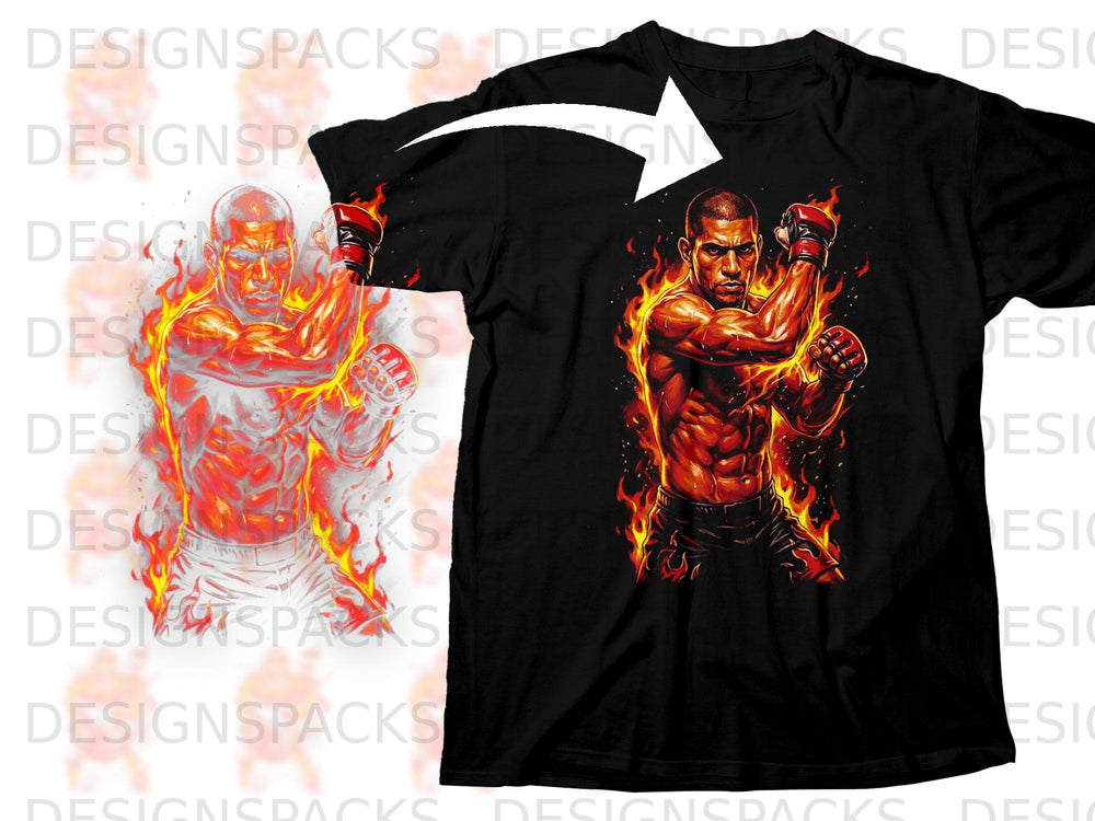 Black t-shirt featuring a fiery illustration of a muscular fighter in boxing gloves.