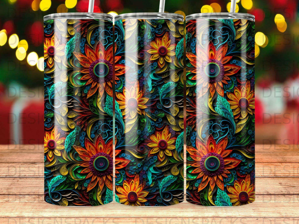Floral tumbler with vibrant, repeating patterns of flowers and leaves.