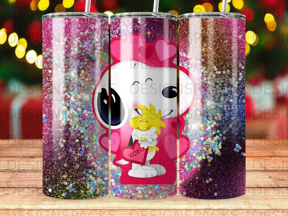 Snoopy and Woodstock surrounded by hearts and glitter.