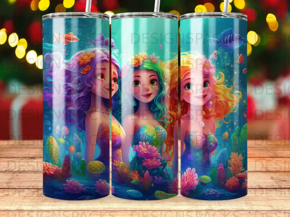 Three mermaids with colorful hair and seashell tops swim among coral and fish.
