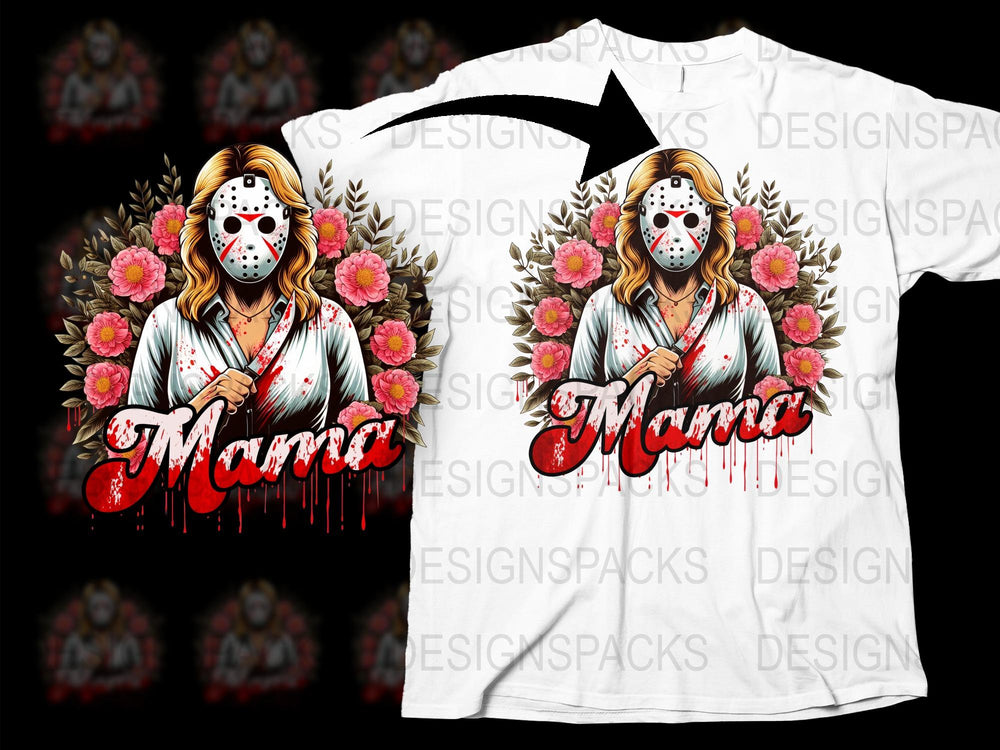 Mama Horror T-Shirt, Scary Mask Floral Graphic Tee, Unique Women's Horror Fashion, Mother's Day Gift Idea