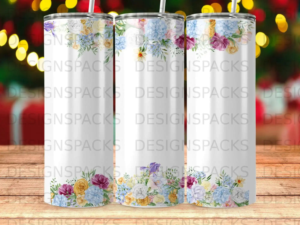 Floral tumbler with a blue and purple hydrangea design on a white background.