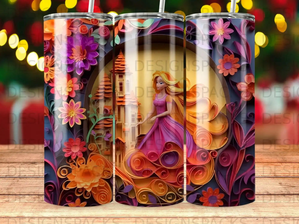 Rapunzel in a purple dress with floral background and castle design.