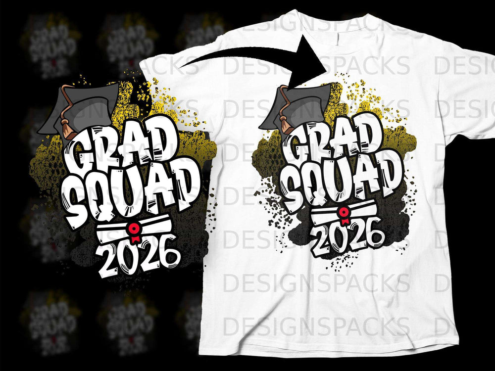 Grad Squad 2026 design with graduation cap and diploma on a white t-shirt.