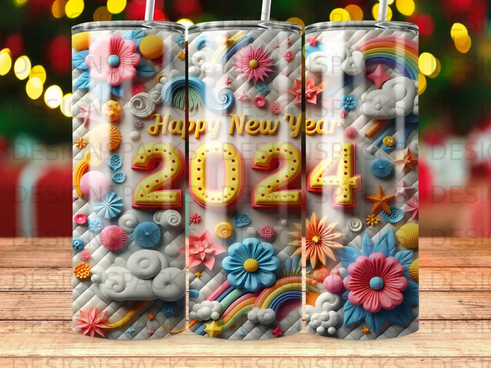 Happy New Year 2024 tumbler with floral, cloud, and rainbow designs.