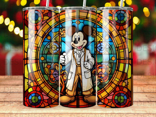 Mickey Mouse in a lab coat against a vibrant stained glass background.
