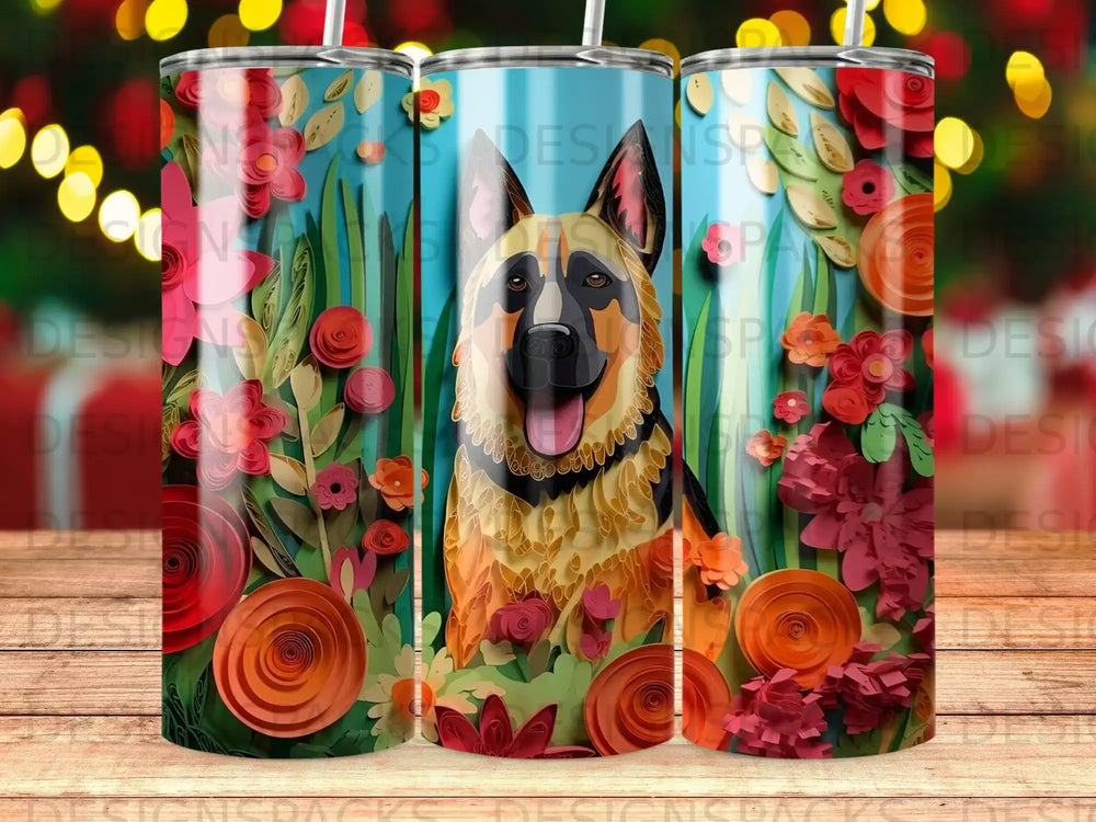 German Shepherd with colorful paper flowers and greenery.