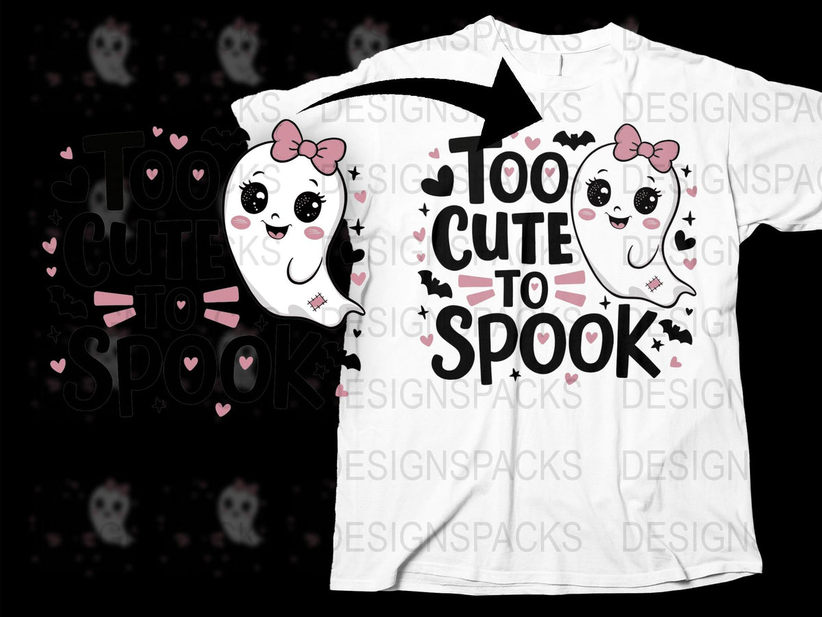 Cute Ghost T-Shirt, 'Too Cute to Spook' Halloween Tee, Pink Bow, Kids and Adults Sizes Available
