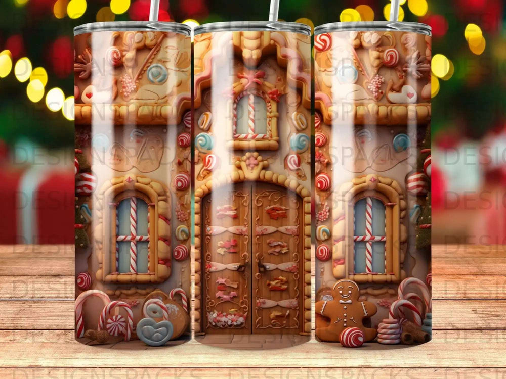 Gingerbread house tumbler with candy canes and gingerbread man.