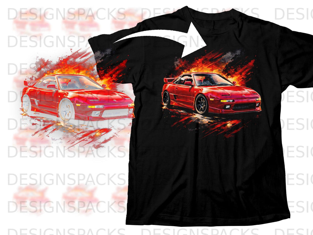 Red sports car with flames design printed on black t-shirt.