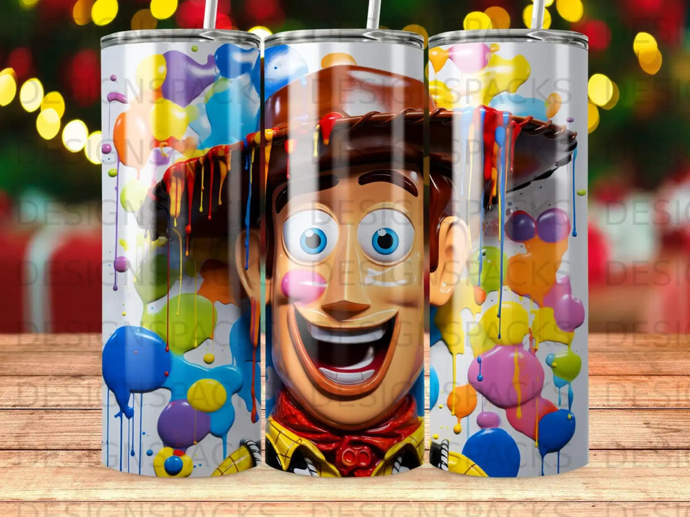 Woody from Toy Story with colorful paint splatters and drips.
