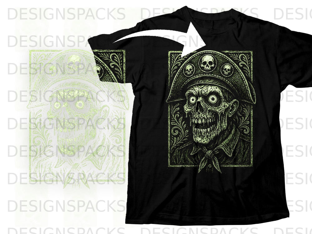 Black t-shirt featuring a green skull wearing a pirate hat with skulls on it.