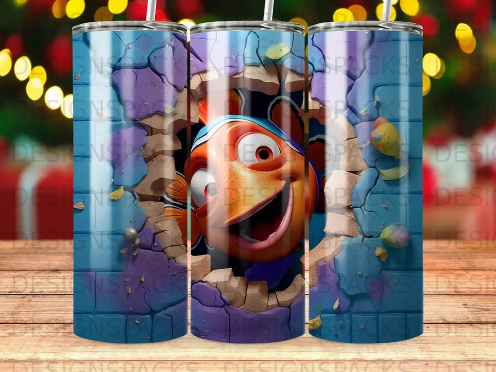 Nemo the clownfish peeking through a cracked purple wall.