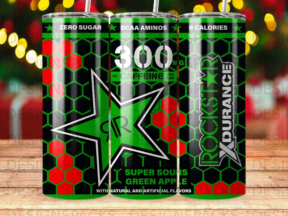 Rockstar XDurance tumbler with "Super Sours Green Apple" and nutritional information.