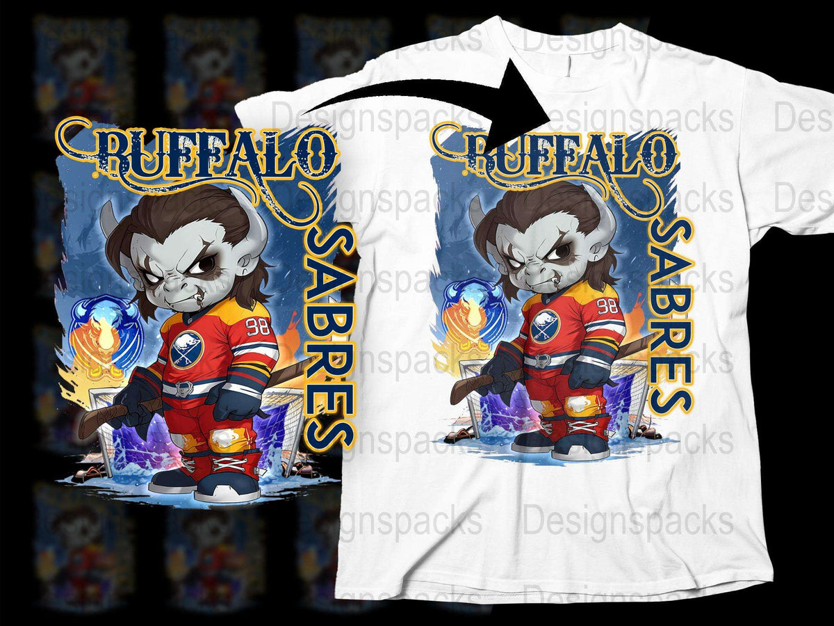 Buffalo Sabres Themed T-Shirt, Cool Animated Mascot Design, Hockey Team Fan Gear