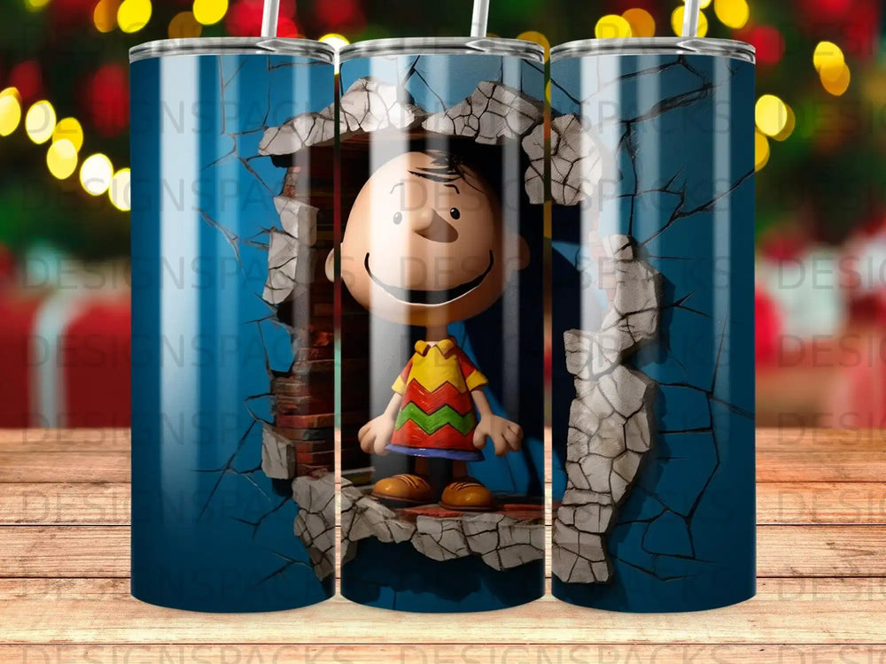 Charlie Brown peeks through a cracked wall in a colorful illustration on a tumbler.