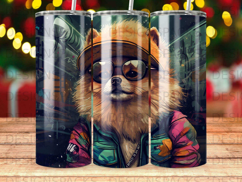 Cartoon Pomeranian dog wearing sunglasses and a colorful jacket.