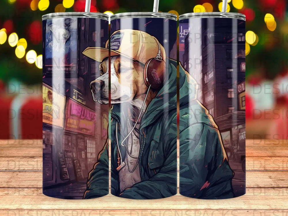 Dog wearing headphones and a baseball cap in a city alley at night.
