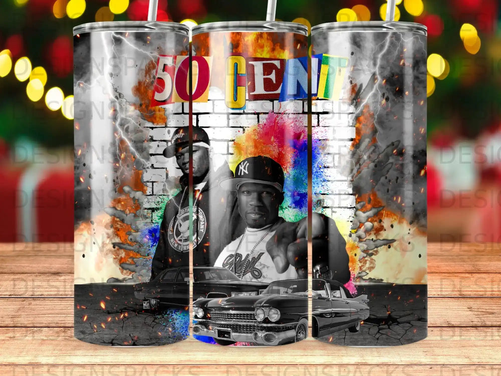 50 Cent with classic cars and a brick wall background.