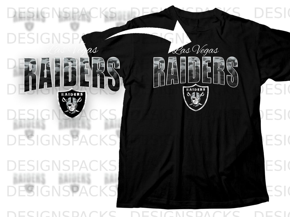 Black t-shirt with Las Vegas Raiders logo and camouflage text.