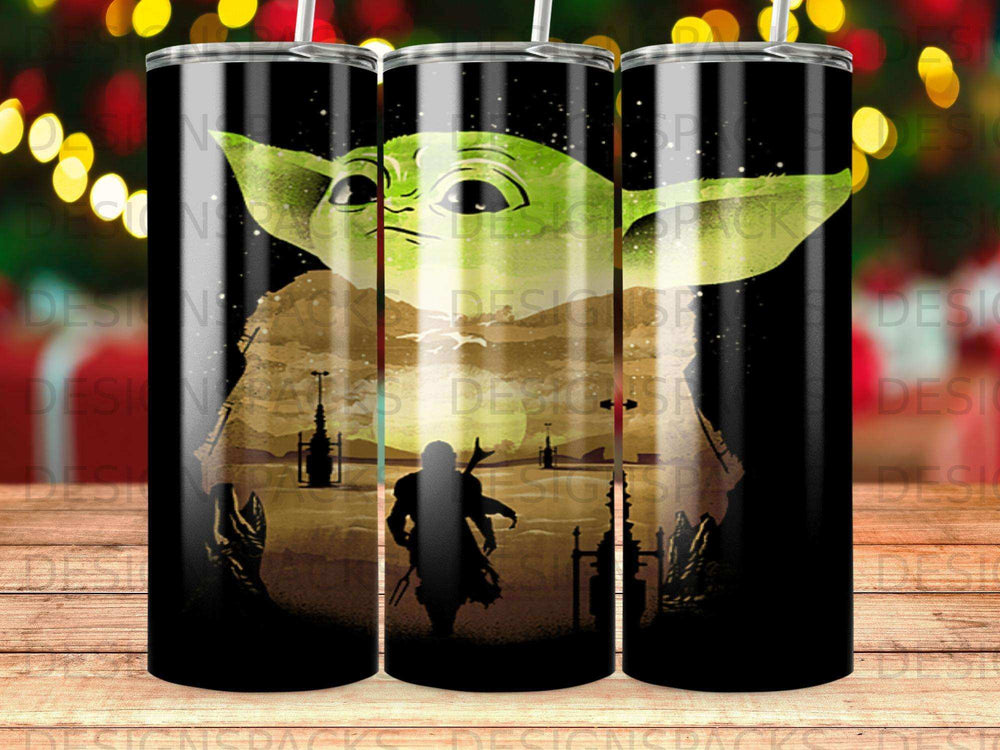 Grogu and a Mandalorian silhouetted against a desert landscape.