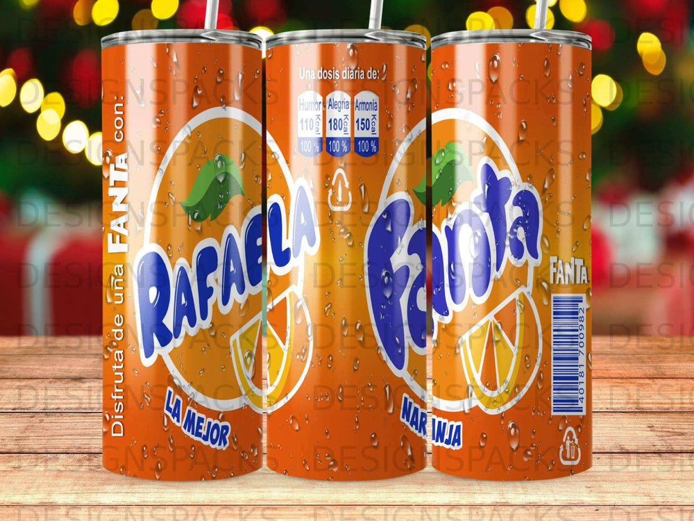 Three Fanta Orange soda cans with "Rafela La Mejor" and "Naranja" labels.