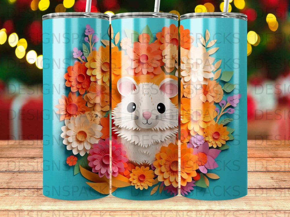 Cute mouse peeking from behind vibrant orange, yellow, and pink flowers.
