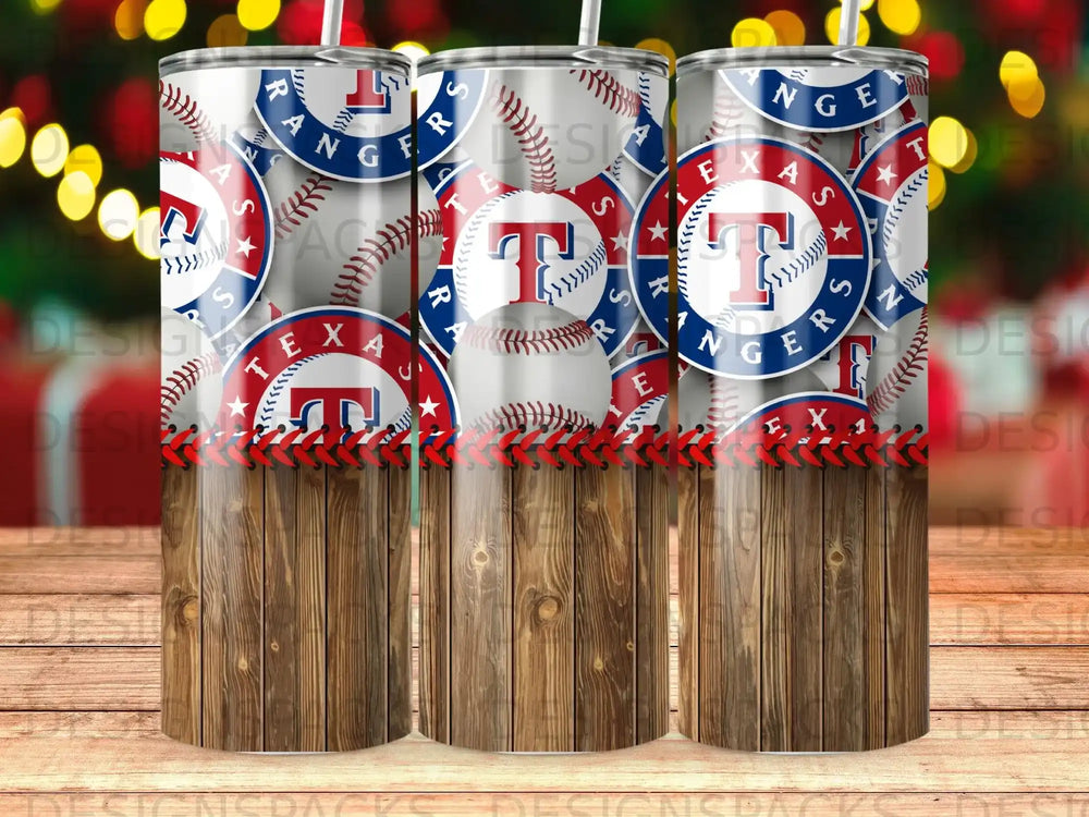 Texas Rangers baseball team logo on three tumblers with wood grain bases.