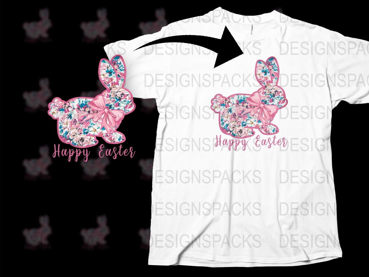 Easter Bunny T-Shirt with Floral Pattern, Happy Easter Graphic Tee, Spring Festival Clothing for All Ages