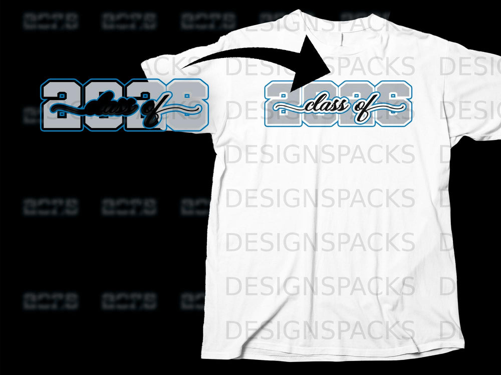 White t-shirt featuring "class of 2028" graphic in blue and gray.