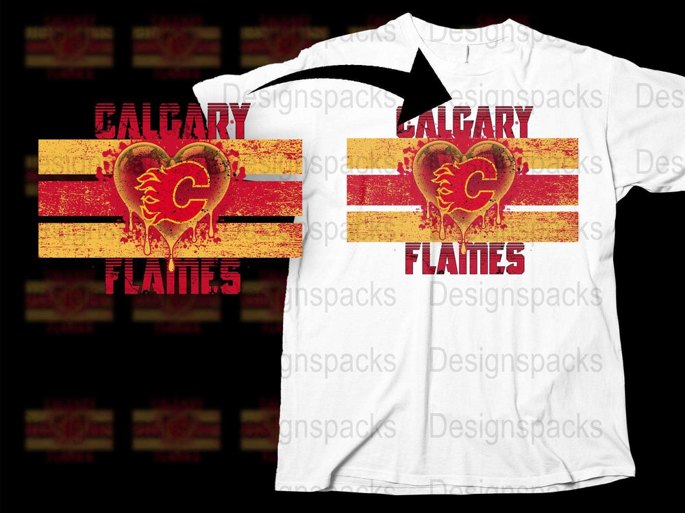 Calgary Flames T-Shirt Vintage Look Red Yellow Grunge Heart Design Unisex Sports Tee