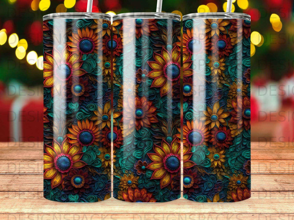 Floral pattern tumbler with straw, colorful flowers on teal background.