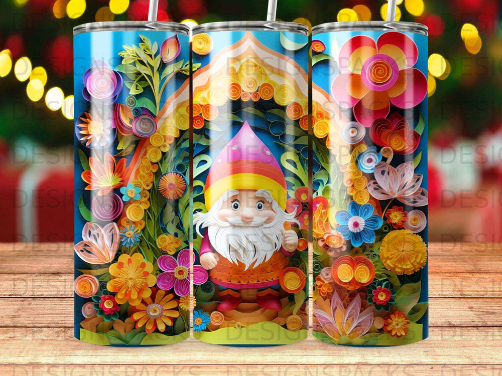 Gnome wearing orange and pink hat surrounded by colorful paper flowers.