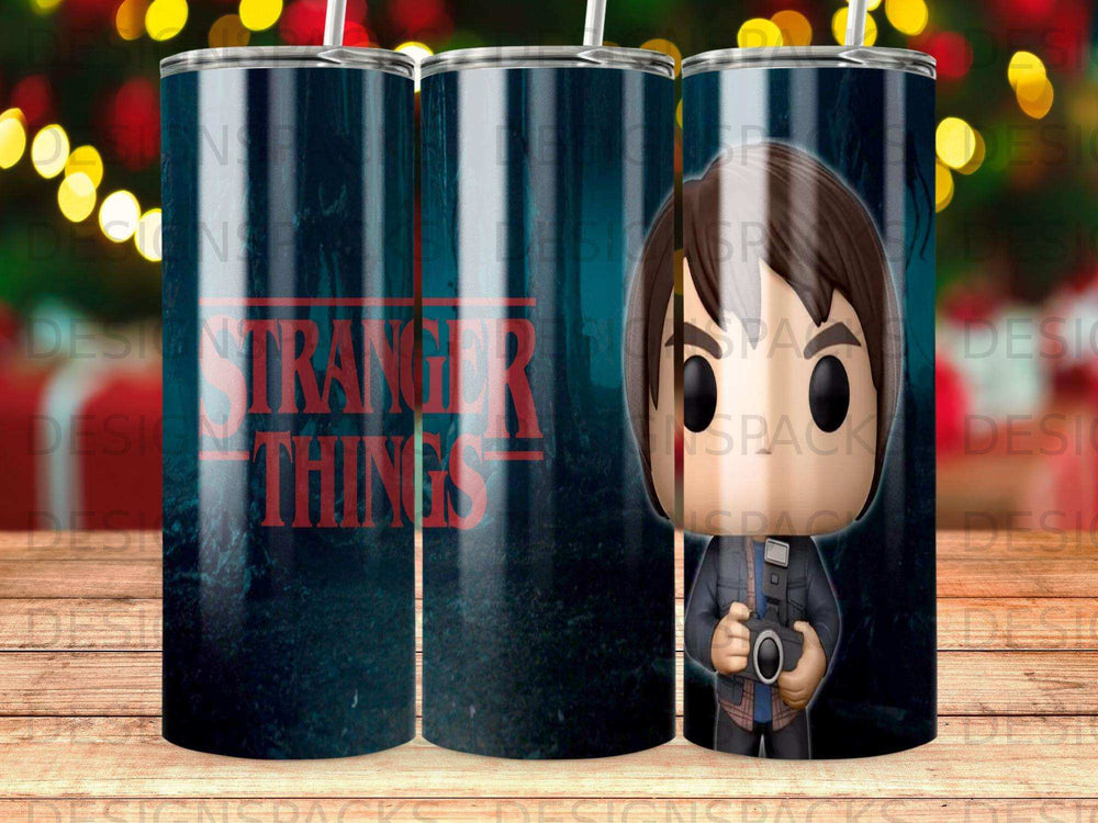 Stranger Things character and logo on a dark blue tumbler.